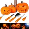 A collage of images showing pumpkins and pumpkin carving tools, with some carved pumpkins displayed in a Halloween setting. Náhled obrázku produktu
