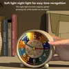 A hand is shown pressing the back of a colorful analog alarm clock, with books in the background. Produktbild-Vorschau