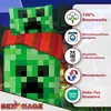 A Minecraft-themed bedding set featuring a Creeper design, with accompanying feature icons and text. Podgląd zdjęcia produktu