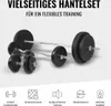 A set of dumbbells and a barbell with weight plates, presented against a white background with feature icons and text below. Produktbild-Vorschau