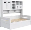 A white wooden daybed with a hutch featuring shelves and cabinets. Náhled obrázku produktu