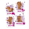 A collage of four images showing a plush dog toy in different dance poses, each with a label indicating a dance style. Náhľad obrázku produktu