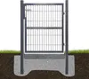 A gray metal garden gate is shown installed in the ground, with a concrete foundation visible below the surface. Produktbild-Vorschau