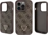 Three views of a brown Guess phone case with a repeating logo pattern and a metal triangle logo. Podgląd zdjęcia produktu