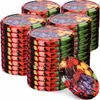 A stack of round metal jar lids with a fruit mix pattern, with one lid in the foreground showing a close-up of the pattern. Podgląd zdjęcia produktu