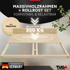 A wooden bed frame and slatted base are shown with marketing text overlayed. Produktbild-Vorschau