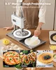 A manual dough press machine is shown in use, with examples of pizza, tortillas, and pancakes made with it. Voir les images du produit