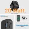 A collage of images showcasing a black travel adapter with multiple USB ports, highlighting its charging capabilities and safety features. Produktbild-Vorschau