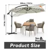 A patio umbrella and dining set are shown in an outdoor setting. Voir les images du produit