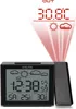 A black digital alarm clock with a projection feature displaying weather information and time. Produktbild-Vorschau