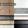 A collage of different wood and material samples, with text overlay describing product features. Produktbild-Vorschau