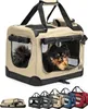 A beige dog carrier with two dogs inside, shown from the front and side. Below are several other dog carriers in different colors and a folded carrier. Anteprima dell’immagine prodotto