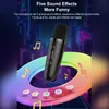 A black microphone is shown in the center of the image, surrounded by a colorful, rainbow-like ring. Musical notes and icons representing different sound effects are scattered around the ring. The background depicts a blurred cityscape at night. Podgląd zdjęcia produktu