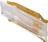 A close-up, angled view of a clear plastic object with gold-colored metal components, against a white background. Produktbild-Vorschau