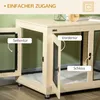 A close-up view of a wooden dog crate with two doors open, highlighting the access points and lock mechanism. Náhled obrázku produktu
