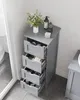 A grey bathroom cabinet with four open drawers, showcasing bath products inside, placed next to a shower or bathtub, with a vase of flowers and bottles on top. Náhled obrázku produktu
