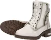 A pair of white combat boots shown against a white background. Voir les images du produit