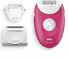 A pink Braun Silk-épil 3 epilator with two attachments on a white background. Produktbild-Vorschau