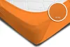 A close-up view of an orange fitted sheet, showing the texture of the fabric and the elasticized edge. Produktbild-Vorschau
