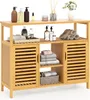 A wooden bathroom cabinet with shelves and doors, filled with towels and toiletries. Podgląd zdjęcia produktu