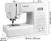 A white VEVOR sewing machine is shown from a side-angle with dimensions indicated. Podgląd zdjęcia produktu
