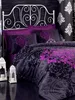 A bed with purple and black patterned bedding, a white metal headboard, and two white lanterns on the floor. Podgląd zdjęcia produktu