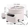 A white electric pottery wheel with a foot pedal and dimensions indicated by measurement lines and text. Produktbild-Vorschau