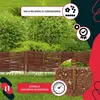A garden fence made of woven willow branches is shown in a garden setting, with text overlays highlighting features. Voir les images du produit
