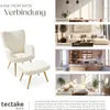 A collage showcasing a cream-colored armchair and ottoman, with smaller images depicting various room settings (dining room, living room, kitchen, bedroom) where the furniture could fit. Produktbild-Vorschau