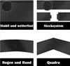 A collage of four images showcasing different aspects of metal garden edging, including its stability, connection system, curved application, and square application. Produktbild-Vorschau