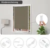 A collage showing a roller blind installed on a window, with close-ups of installation accessories and a detail of the child safety mechanism. Produktbild-Vorschau