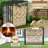 A firewood storage rack filled with firewood, shown outdoors next to a house and also in a close-up of a fireplace. Produktbild-Vorschau
