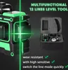 A 3D laser level tool with green laser lines and its carrying case are displayed against a dark background, with feature descriptions listed below. Náhled obrázku produktu
