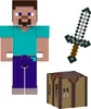A Minecraft action figure of Steve, a sword, and a crafting table are displayed against a white background. Produktbild-Vorschau