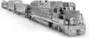 A detailed, metallic model of a freight train locomotive and four wagons, presented against a plain white background. Voir les images du produit