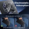 Close-up of a phone camera lens protector with marketing text and lifestyle shots of the product being put into a pocket. Produktbild-Vorschau