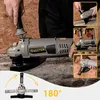 A collage of images showing an angle grinder and its features, with a person holding it in the main image. Náhled obrázku produktu