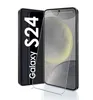 A black Samsung Galaxy S24 phone with a screen protector in front of it, presented on a white background. Produktbild-Vorschau