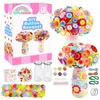 A product box for a DIY button bouquet craft kit, with examples of finished bouquets and included components. Produktbild-Vorschau