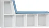 A white storage bench with blue cushions and five open compartments. Produktbild-Vorschau