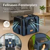 A blue pet carrier is shown in a living room setting, with additional inset images showing the carrier in an airport and a cat inside. Anteprima dell’immagine prodotto