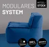 A blue modular beanbag sofa section is shown against a gradient background. Text overlays describe features. Produktbild-Vorschau