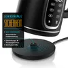 A close-up of a black electric kettle with a digital display and a black power base, with marketing text overlay. Produktbild-Vorschau
