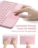 A pink keyboard with a trackpad, showing hands interacting with it and text describing its features. Produktbild-Vorschau