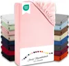 A stack of folded fitted sheets in various colors, with a pink fitted sheet prominently displayed in the foreground. Produktbild-Vorschau