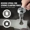 A hand is using a socket wrench to engage with a bolt. There are inset images showing the tool's internal design. Produktbild-Vorschau