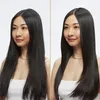 A split image showing a woman with long, dark hair before and after using a hair product. The left side shows her hair looking less styled and somewhat frizzy, while the right side shows her hair looking smoother, shinier, and more polished. Voir les images du produit