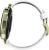 Side view of a smartwatch with a white strap and gold accents. Voir les images du produit