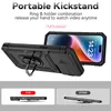 A black iPhone case with a ring stand is shown from multiple angles, with marketing text and feature callouts. Produktbild-Vorschau