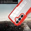 A red and clear phone case is shown falling onto a dark, rocky surface, with debris flying. The background is a cloudy sky. Produktbild-Vorschau